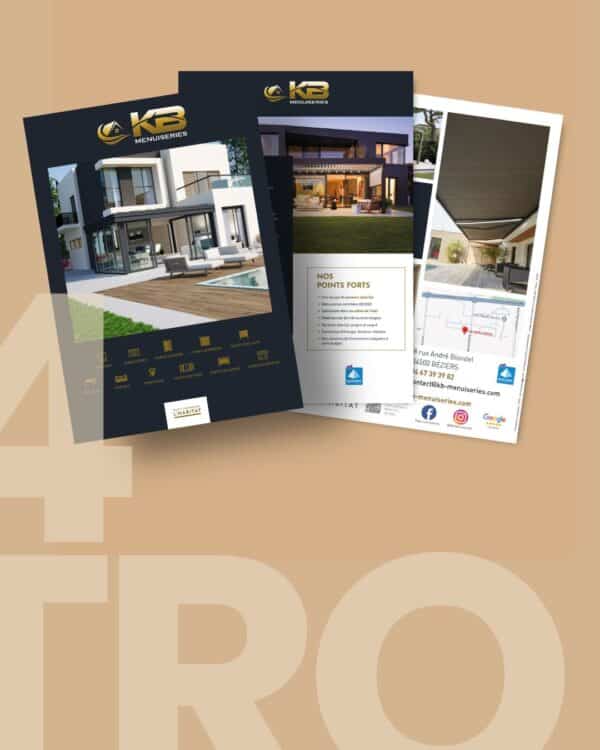 Mockup de catalogue personnalisé réalisé par l’agence de communication 4TRO pour un adhérent du réseau spécialisé en menuiserie et fermeture