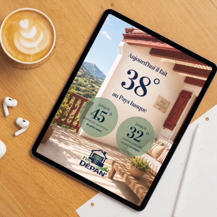 Création graphique réalisée par l'agence de communication 4TRO pour Tim Depan mettant en avant une campagne de communication sur la canicule et les solutions de protection solaire pour les entreprises de menuiserie